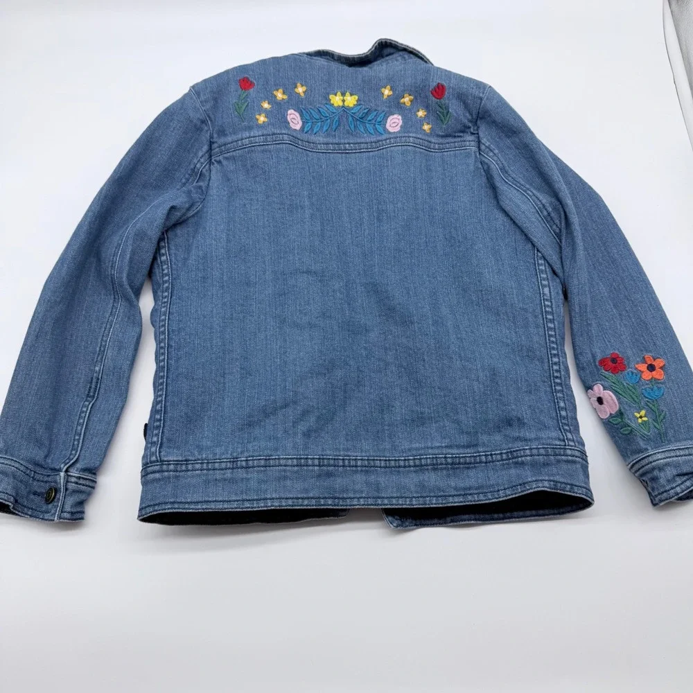 Hanna Andersson Girls Sherpa Lined Denim Jacket Lion Unicorn Embroidered Blue 8